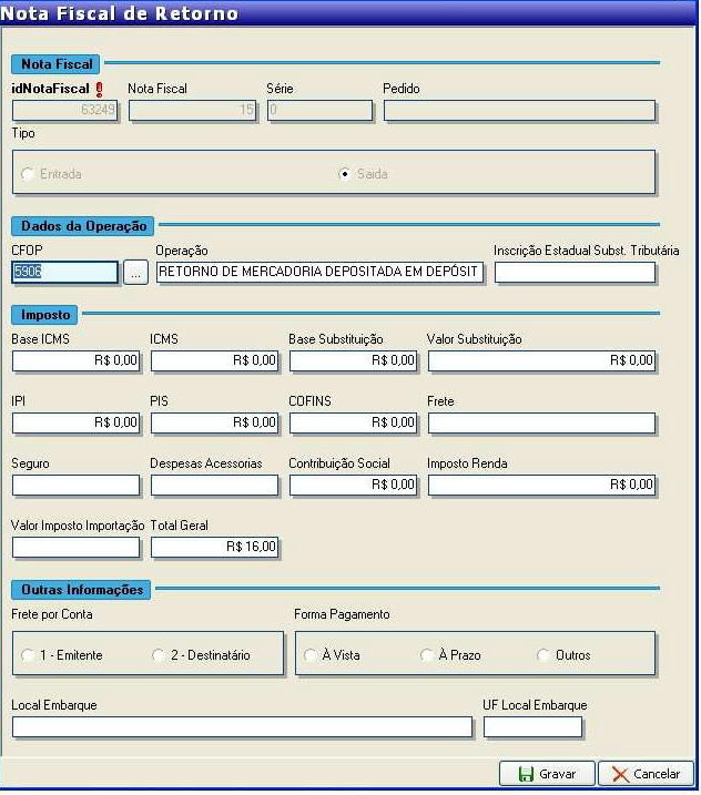 nota fiscal de retorno